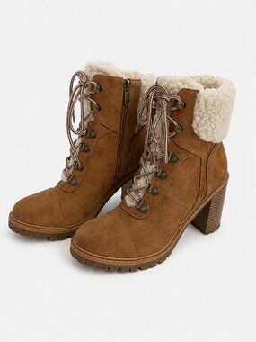 Brown Lace Up Heeled Combat Boots Faux Shearling Lug Sole Size 7.5